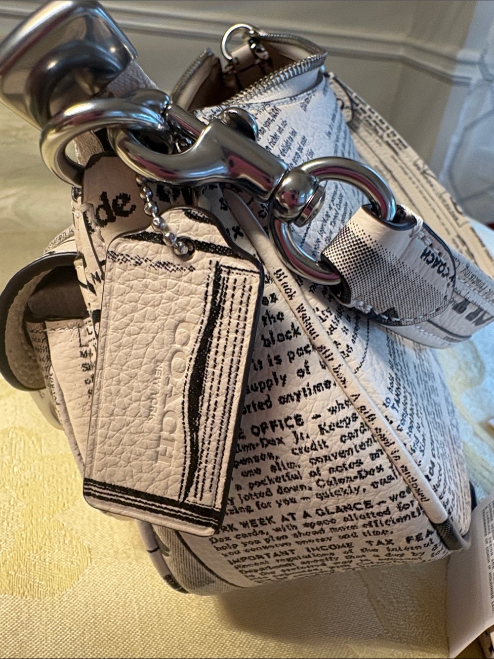 Coach Cream Newspaper Print Leather Crossbody Bag with Silver Buckles - Picture 4 of 5